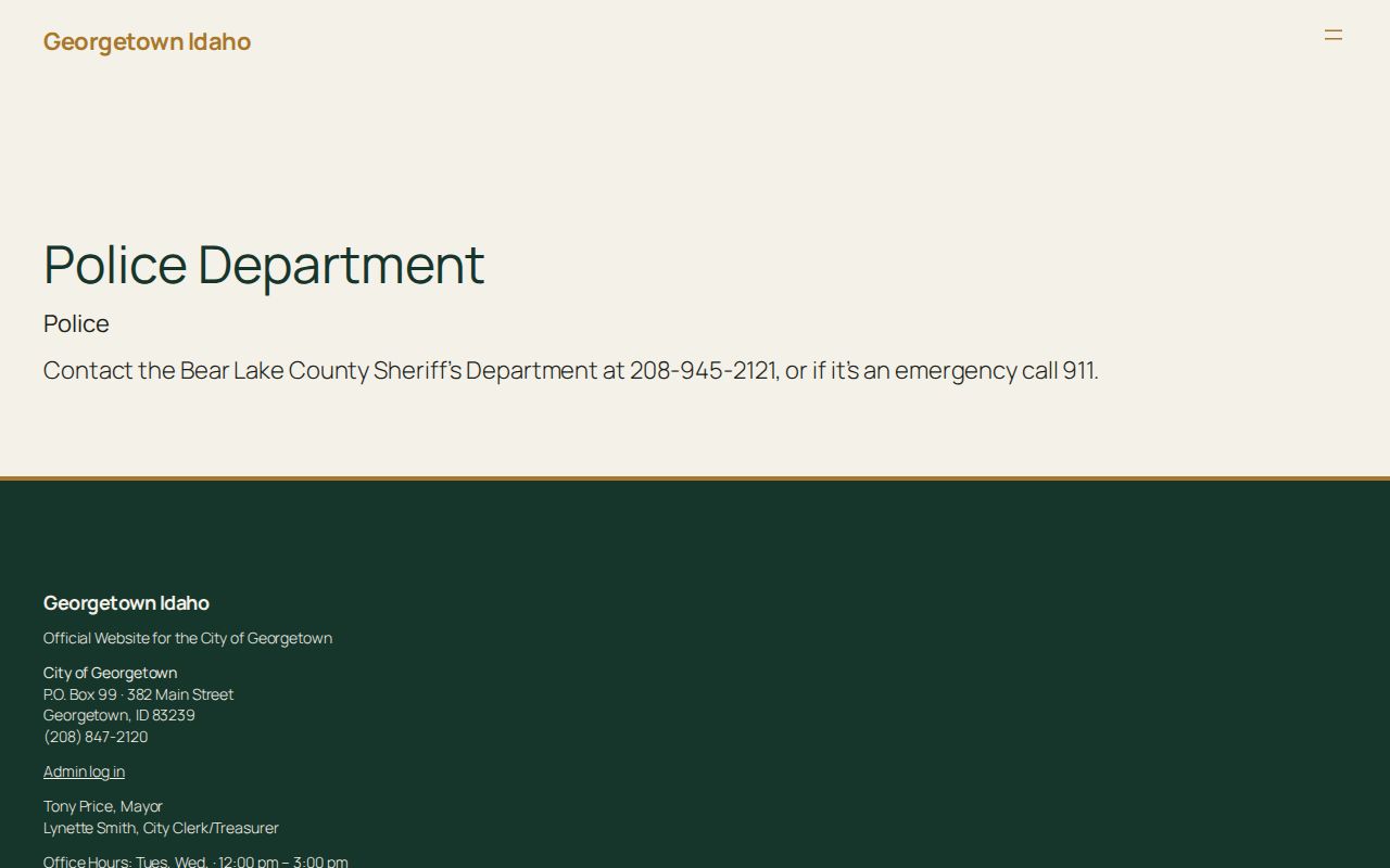 Georgetown Idaho official police page capture directing residents to the Bear Lake County Sheriff