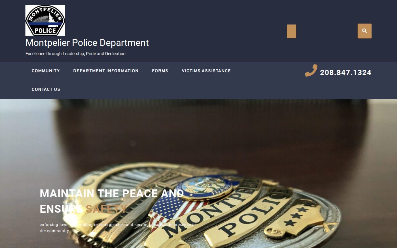Montpelier Police Department official website capture with police badge and department navigation