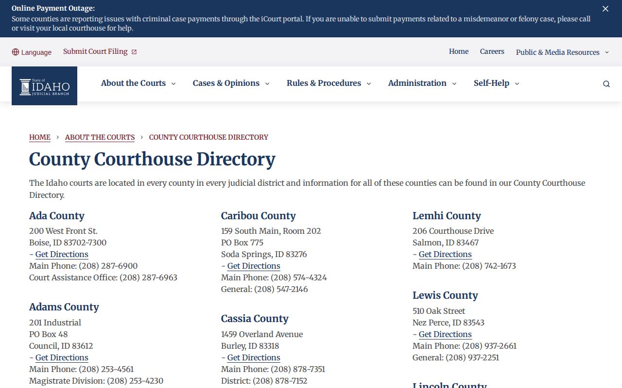 Idaho Courts county courthouse directory for Bear Lake County warrant and case-record context