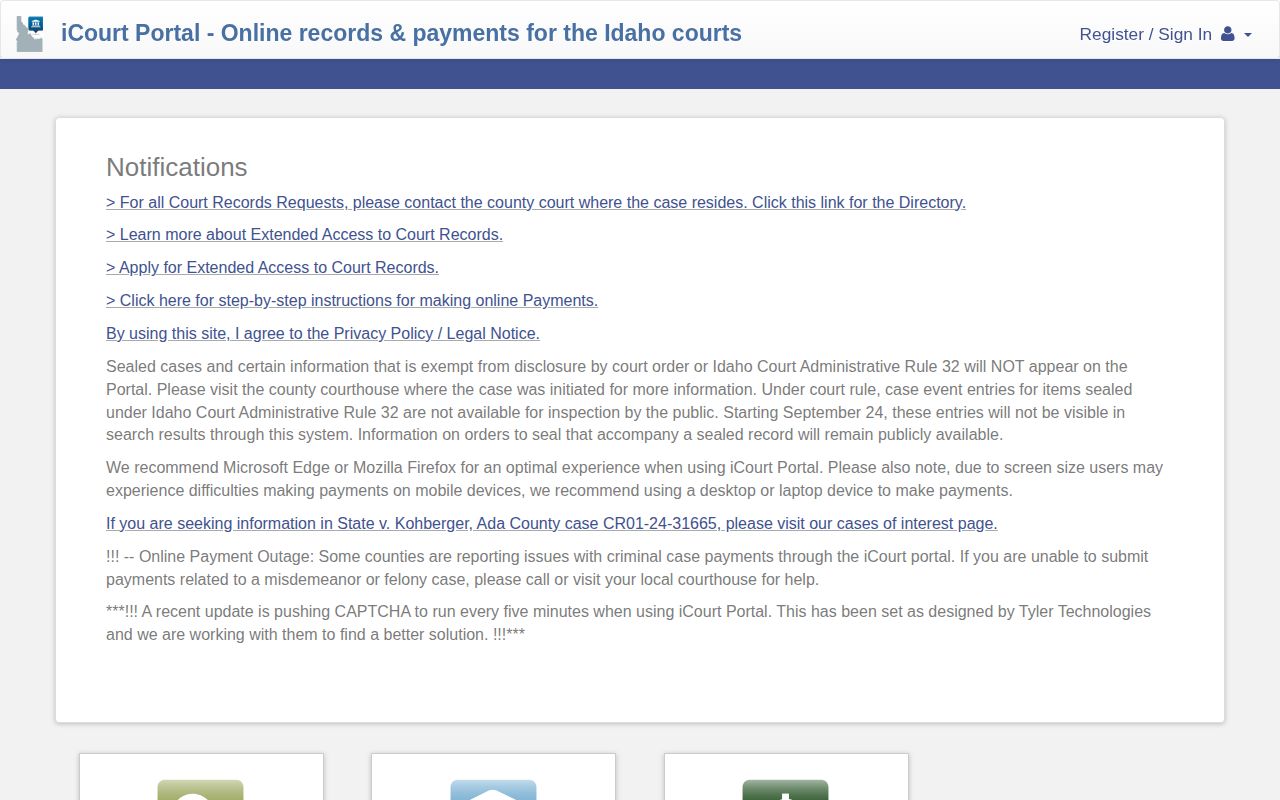 Idaho iCourt public portal for Bear Lake County court-record and warrant context