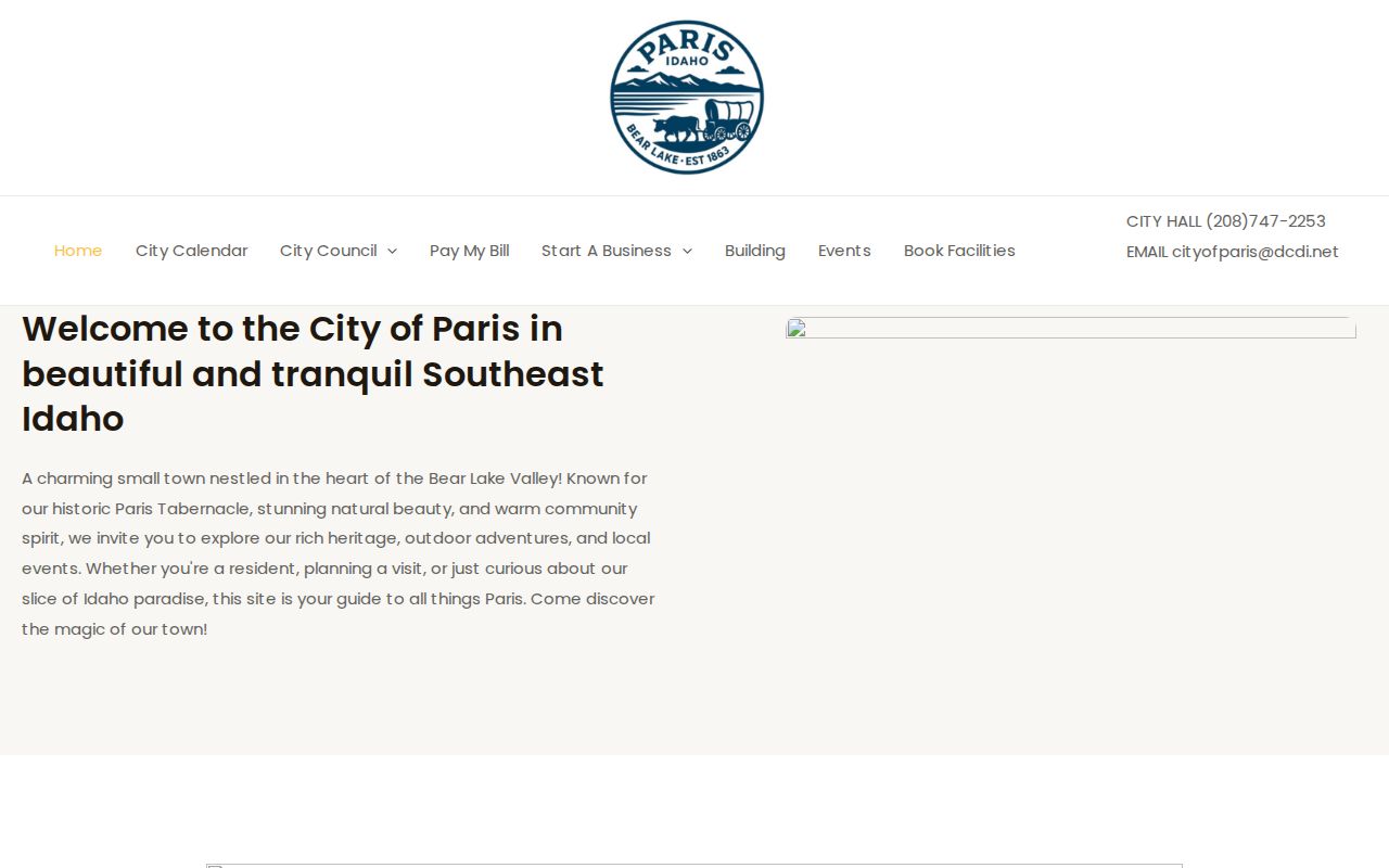 Paris Idaho community website capture with city information and navigation