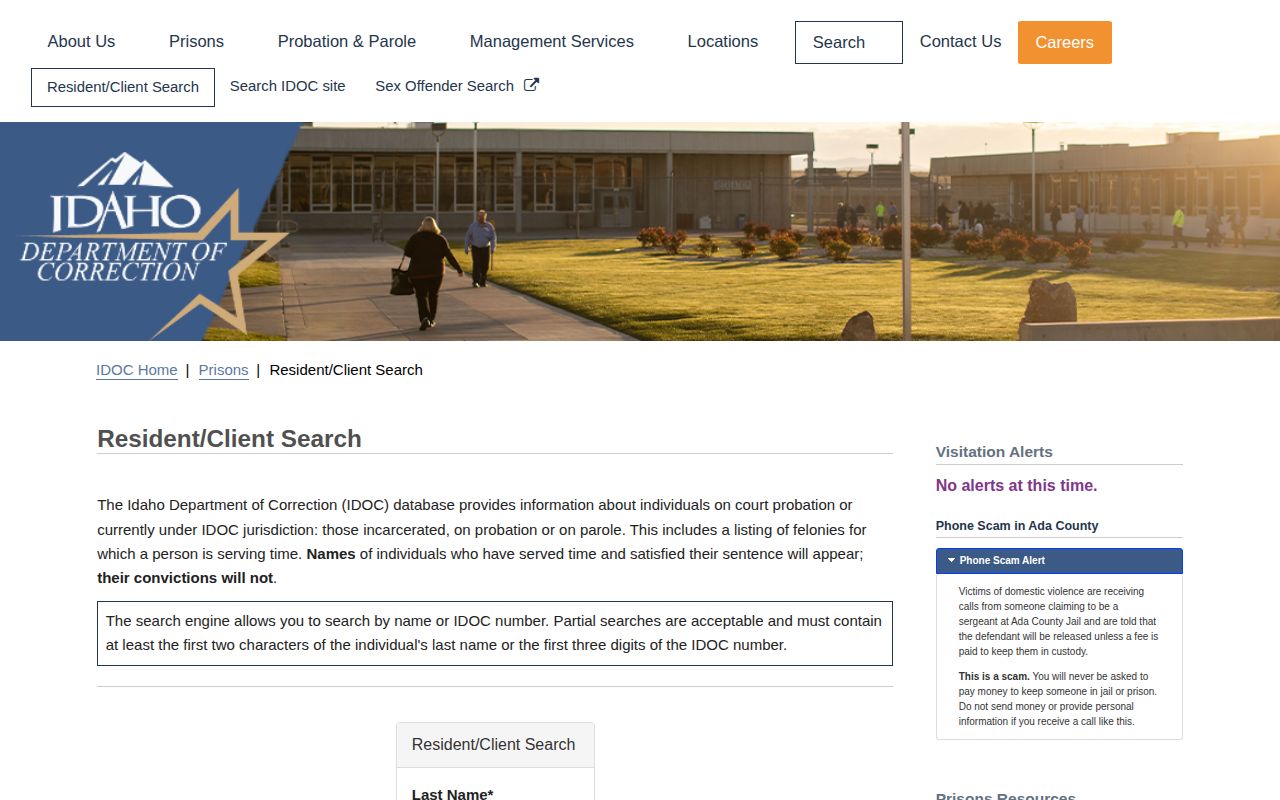 Idaho Department of Correction Resident Client Search for Bear Lake custody research